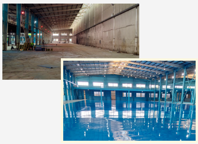 金剛砂地面原貌（左上圖）VS 地衛(wèi)士滾面耐壓環(huán)氧地坪漆完工圖（右下圖）